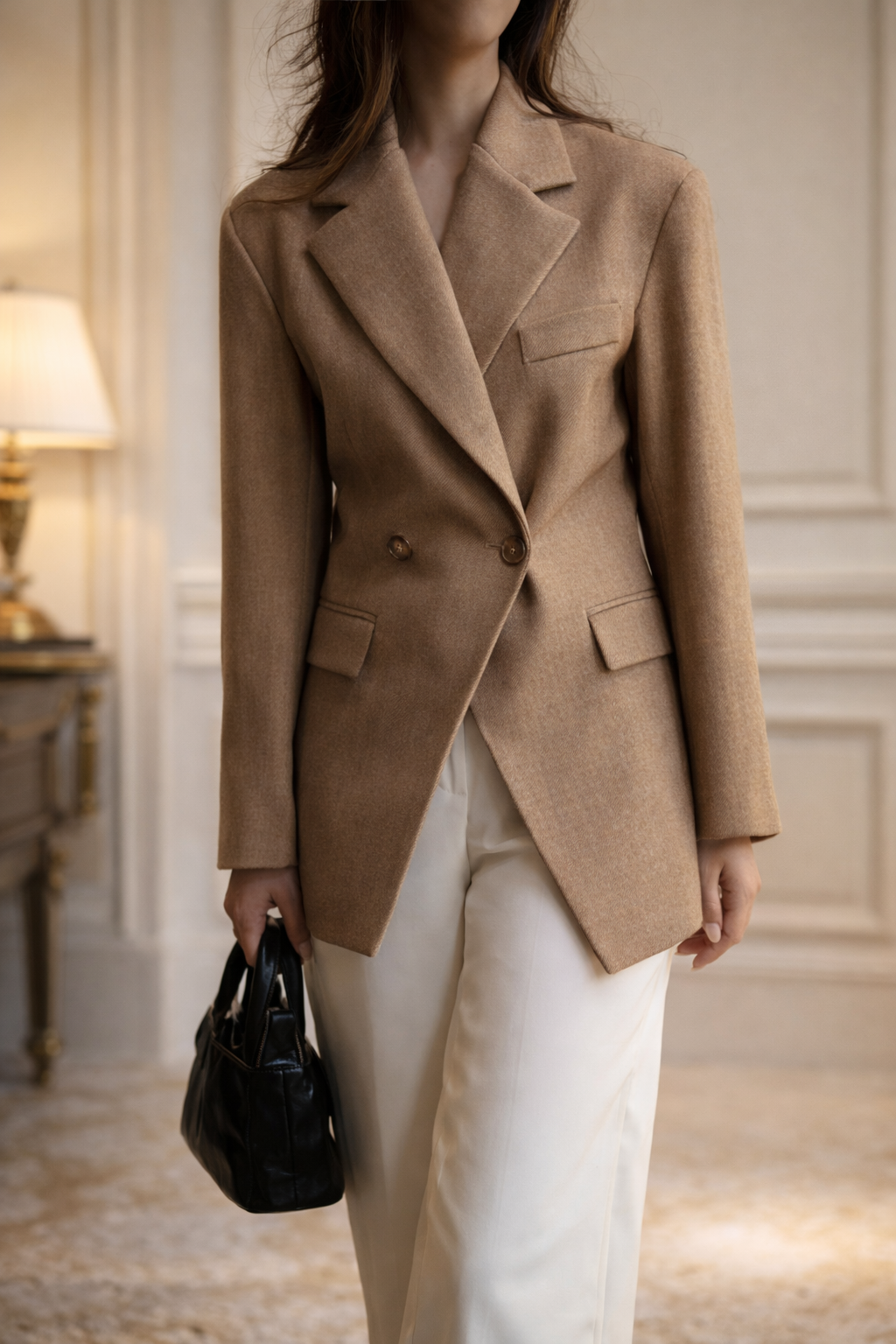 2024 CHIC Double Buttons BF Blazer Boyfriend Vintage Women Notched Cut out Front Hem Long Sleeve Suit Loose Female Coat Camel