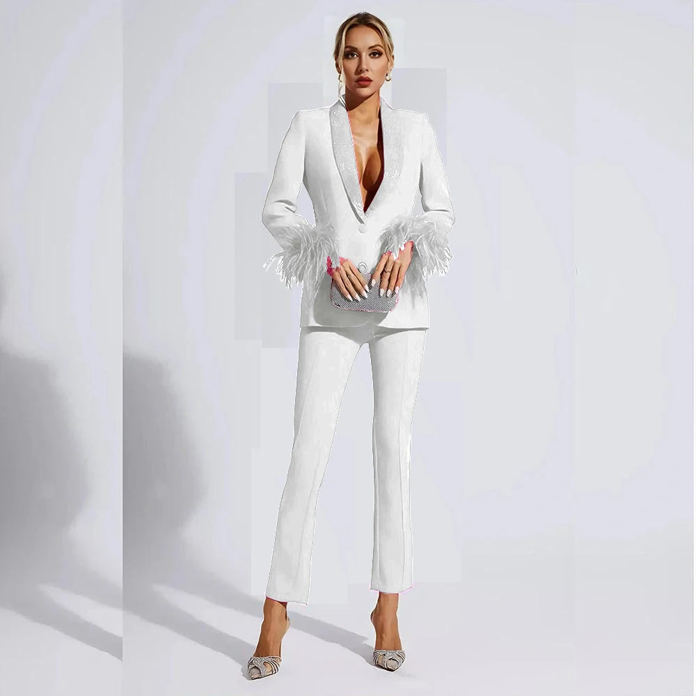 Elegant Rose Red Women two Pieces Suit Feather Crystal Shawl Lapel One Button Jacket Pant Set Wedding Office Female Clothing