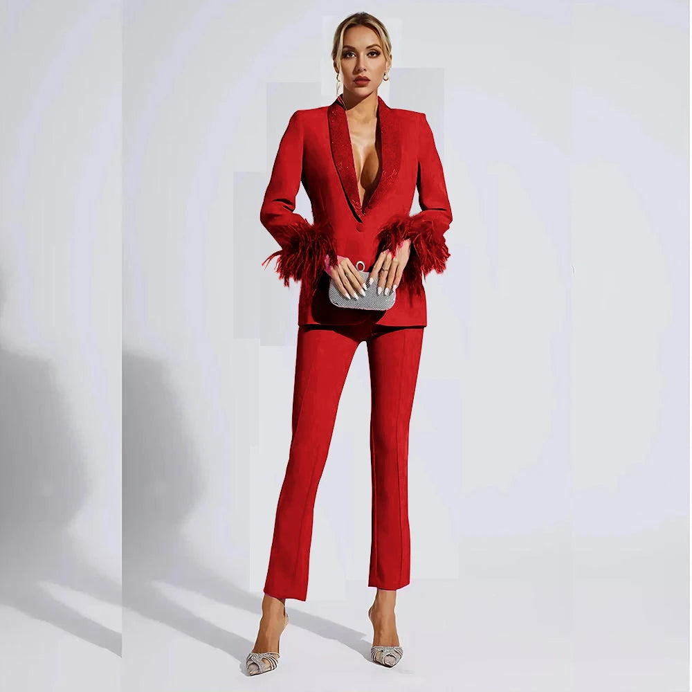 Elegant Rose Red Women two Pieces Suit Feather Crystal Shawl Lapel One Button Jacket Pant Set Wedding Office Female Clothing