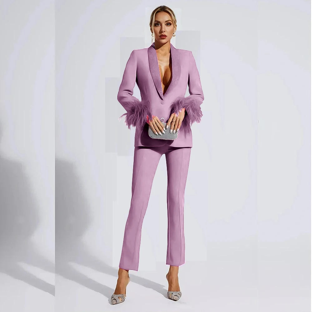 Elegant Rose Red Women two Pieces Suit Feather Crystal Shawl Lapel One Button Jacket Pant Set Wedding Office Female Clothing