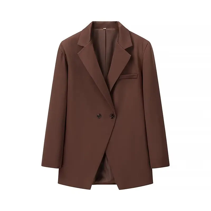 2024 CHIC Double Buttons BF Blazer Boyfriend Vintage Women Notched Cut out Front Hem Long Sleeve Suit Loose Female Coat Camel