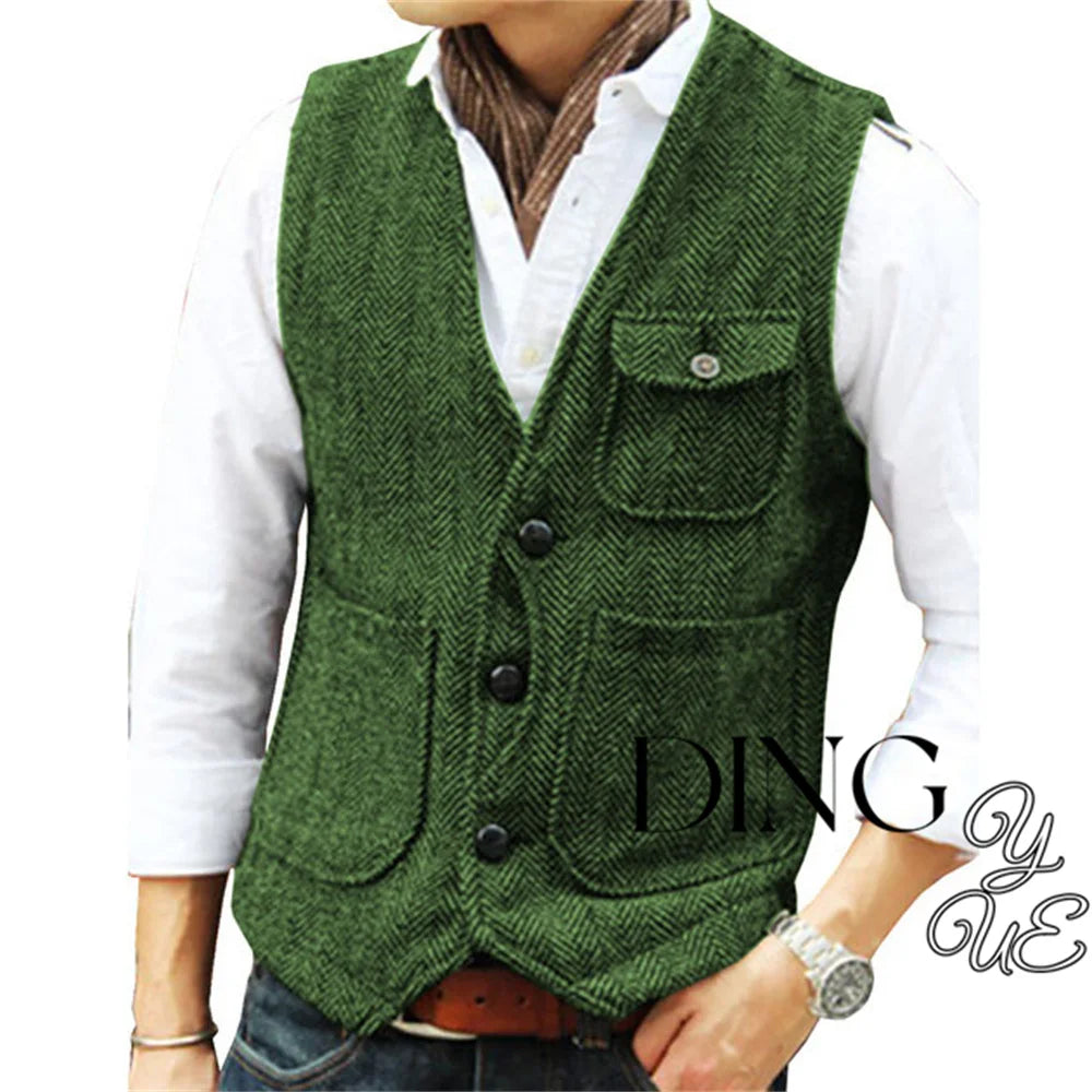 Herringbone Men's Suit Vest V Neck 3 buttons Woolen Mens Vests Waistcoat Jacket 3 Pockets Casual Formal Business chaleco hombre