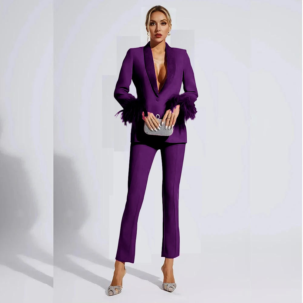 Elegant Rose Red Women two Pieces Suit Feather Crystal Shawl Lapel One Button Jacket Pant Set Wedding Office Female Clothing