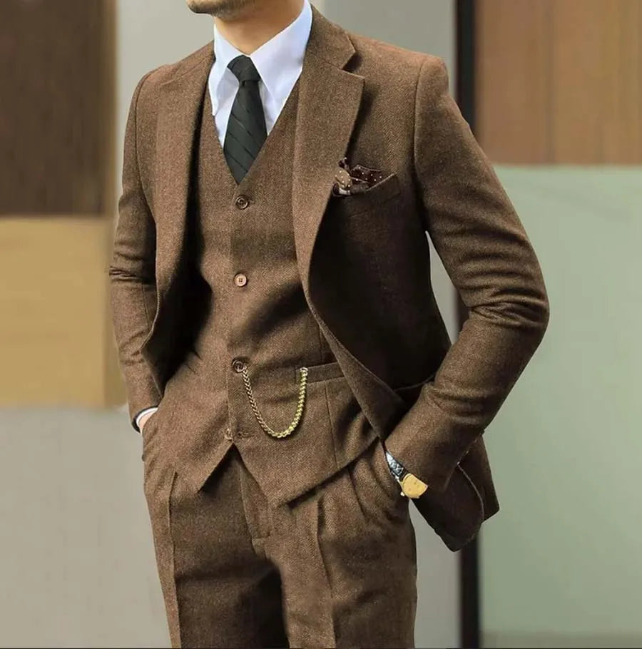 Retro Tweed Herringbone Suit Men's  Slim Fit Single-breasted 3 Pieces Mens Suit Groom Dress Tuxedos Prom Suit Jacket Vest Pants