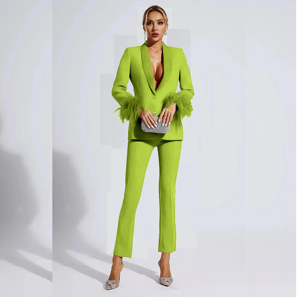 Elegant Rose Red Women two Pieces Suit Feather Crystal Shawl Lapel One Button Jacket Pant Set Wedding Office Female Clothing