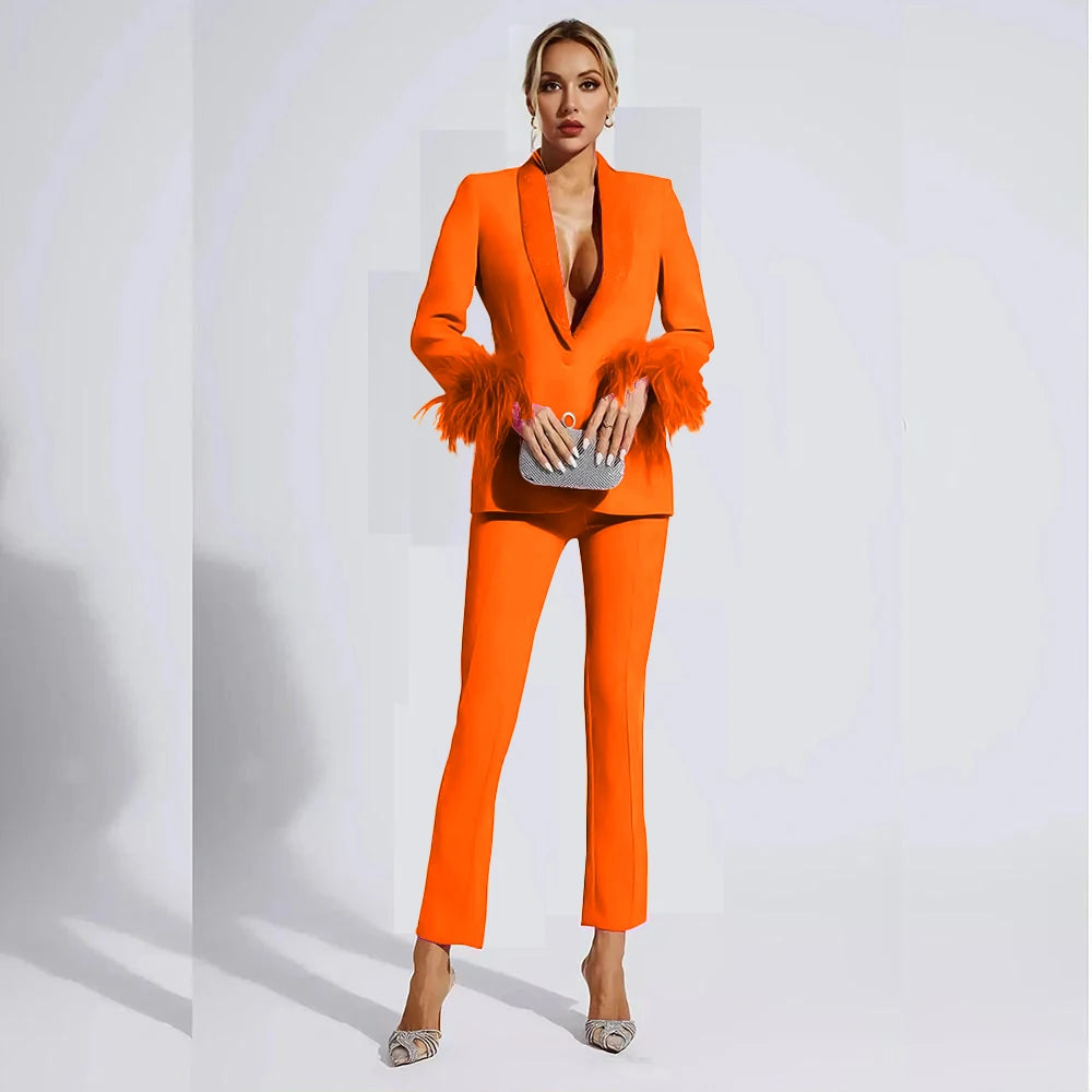 Elegant Rose Red Women two Pieces Suit Feather Crystal Shawl Lapel One Button Jacket Pant Set Wedding Office Female Clothing