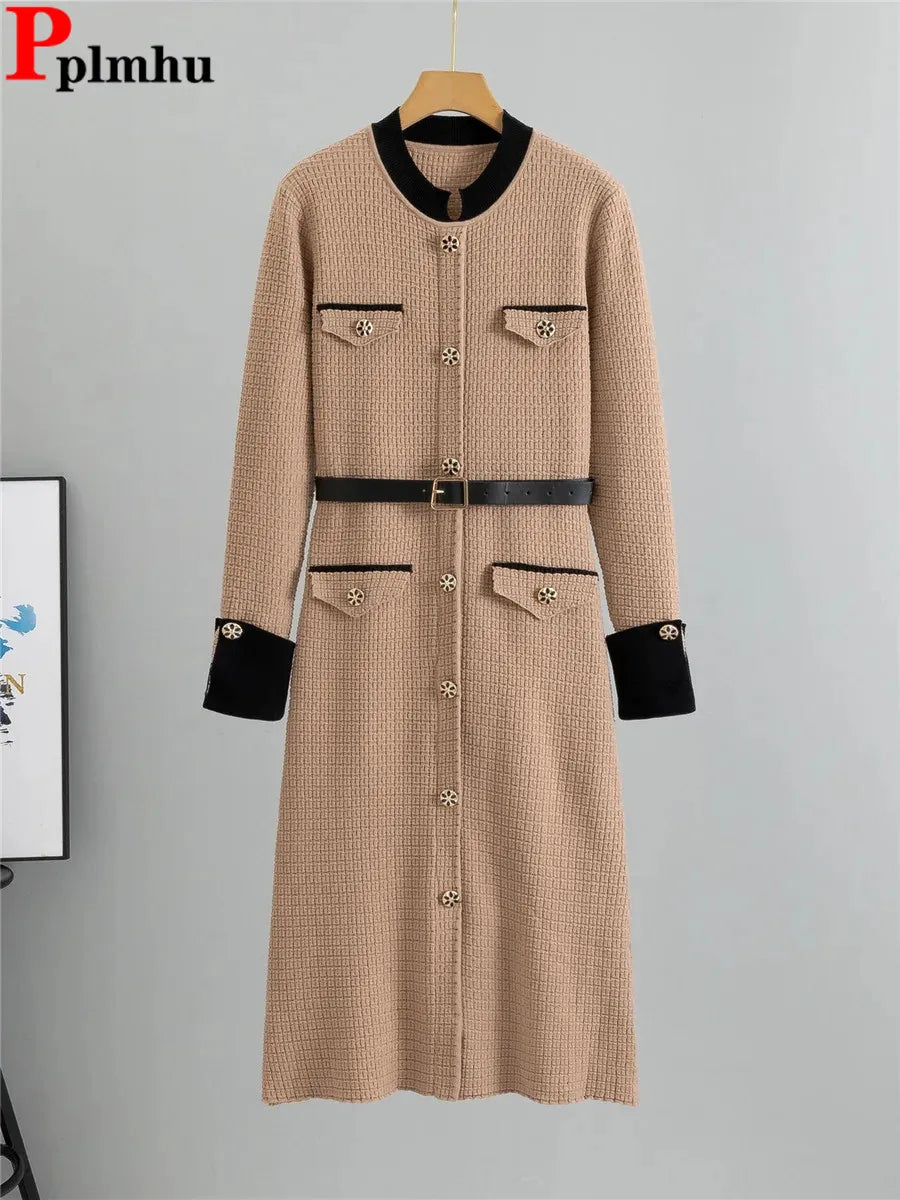 Elegant Fashion A-lined Knit Dress Women O-neck Knitwears Long Sleeve Vestidos Korean Design Slim Mid Length Dresses With Belt