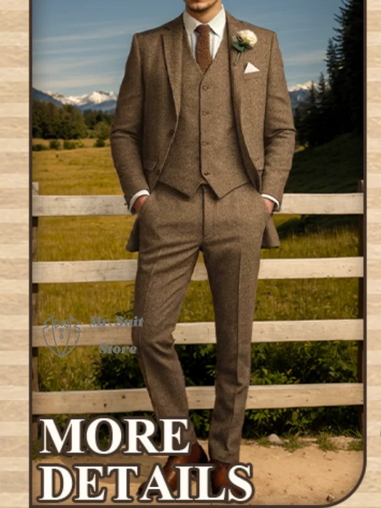 Retro Tweed Herringbone Suit Men's  Slim Fit Single-breasted 3 Pieces Mens Suit Groom Dress Tuxedos Prom Suit Jacket Vest Pants