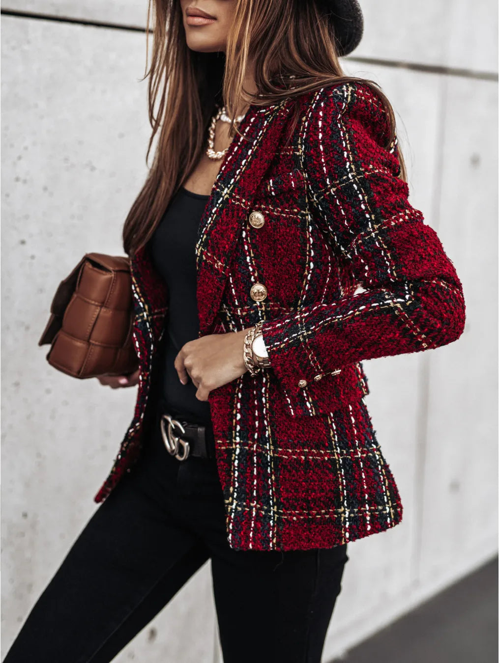 Conjuntos Femininos Elegantes Lapel Plaid Printed Autumn And Winter Buttons Loose Suit Office Commuting Style Blazers Top Damski