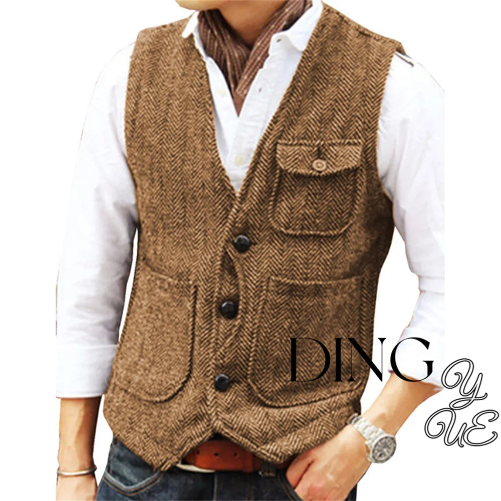 Herringbone Men's Suit Vest V Neck 3 buttons Woolen Mens Vests Waistcoat Jacket 3 Pockets Casual Formal Business chaleco hombre
