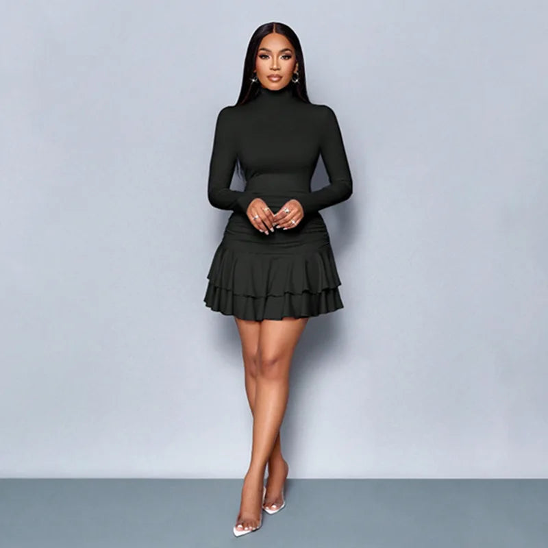 Summer High Waist Elastic Long Sleeve Dress Women's Halter Neck Pleated Short Skirt Casual Daily Polyester Fiber Dress