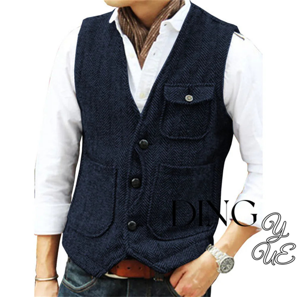 Herringbone Men's Suit Vest V Neck 3 buttons Woolen Mens Vests Waistcoat Jacket 3 Pockets Casual Formal Business chaleco hombre