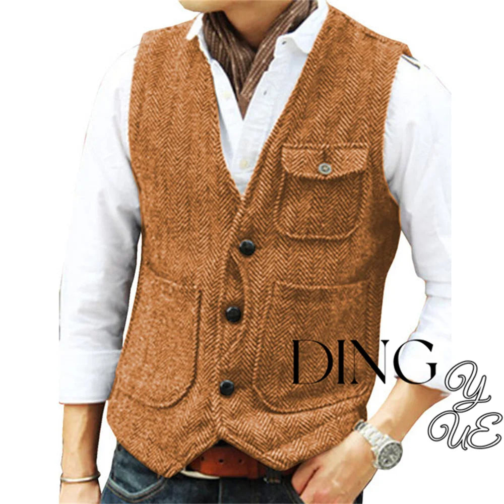Herringbone Men's Suit Vest V Neck 3 buttons Woolen Mens Vests Waistcoat Jacket 3 Pockets Casual Formal Business chaleco hombre