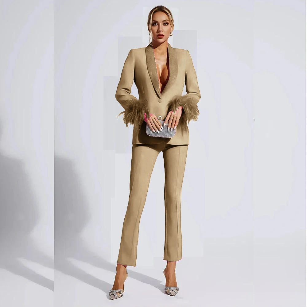 Elegant Rose Red Women two Pieces Suit Feather Crystal Shawl Lapel One Button Jacket Pant Set Wedding Office Female Clothing