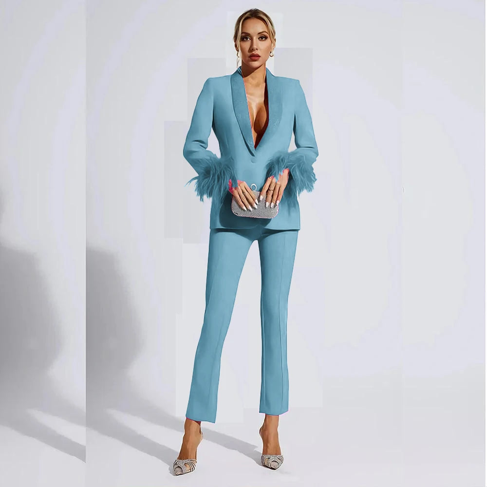 Elegant Rose Red Women two Pieces Suit Feather Crystal Shawl Lapel One Button Jacket Pant Set Wedding Office Female Clothing