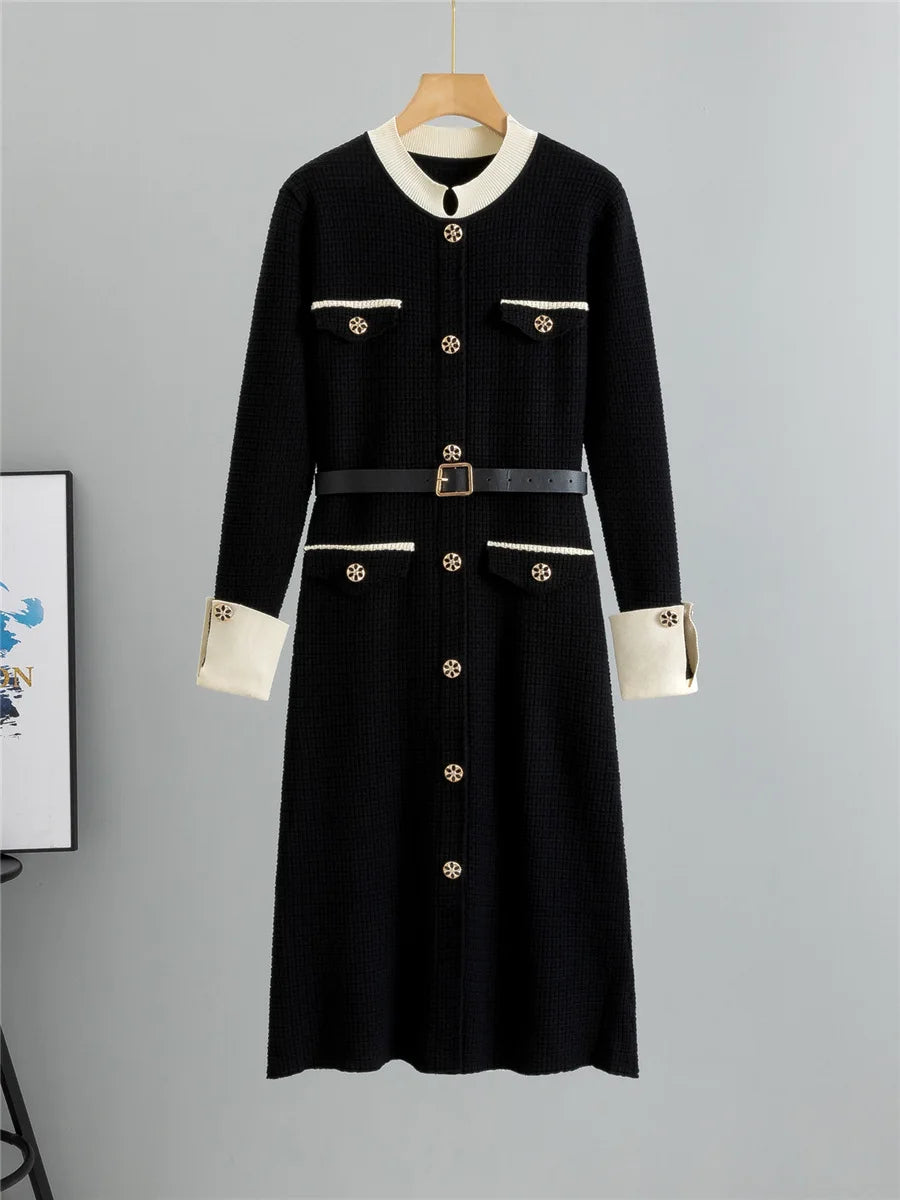 Elegant Fashion A-lined Knit Dress Women O-neck Knitwears Long Sleeve Vestidos Korean Design Slim Mid Length Dresses With Belt