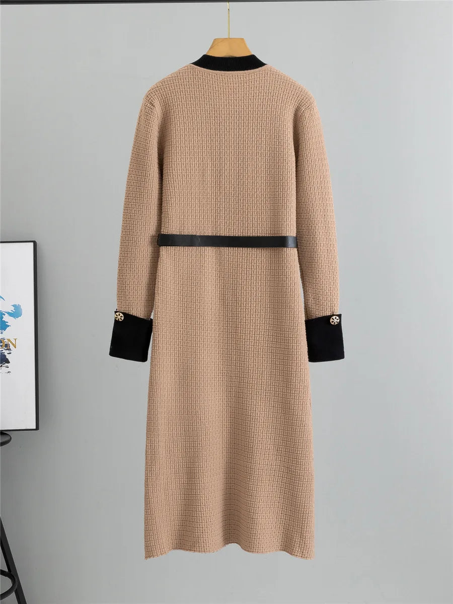 Elegant Fashion A-lined Knit Dress Women O-neck Knitwears Long Sleeve Vestidos Korean Design Slim Mid Length Dresses With Belt