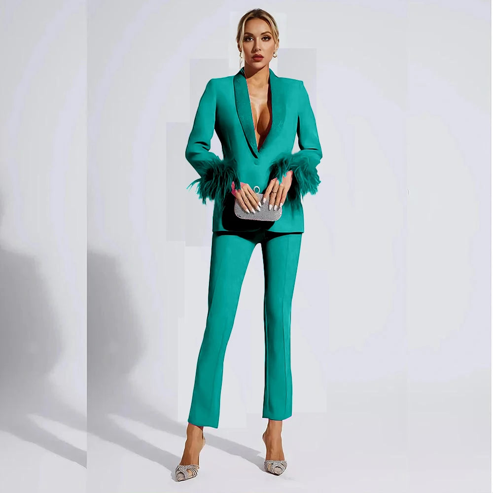 Elegant Rose Red Women two Pieces Suit Feather Crystal Shawl Lapel One Button Jacket Pant Set Wedding Office Female Clothing