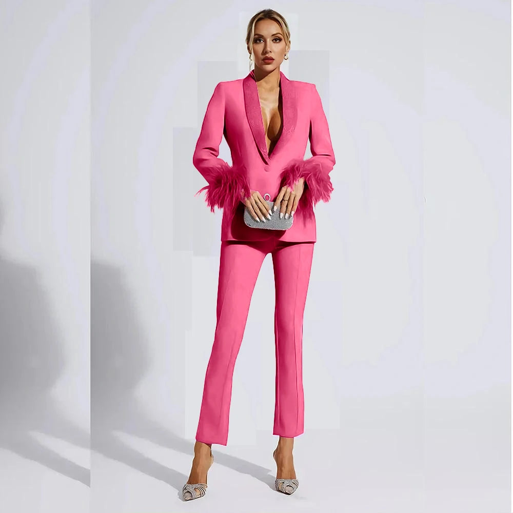 Elegant Rose Red Women two Pieces Suit Feather Crystal Shawl Lapel One Button Jacket Pant Set Wedding Office Female Clothing