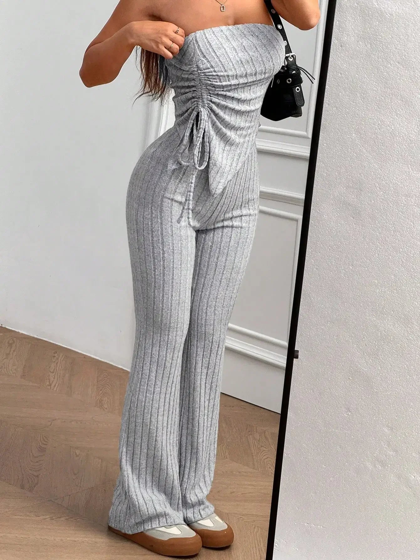Elegant Ladies Solid Color Asymmetric Tube Top And Pants Two-Piece Set Fashionable Knitted Outfit for Women
