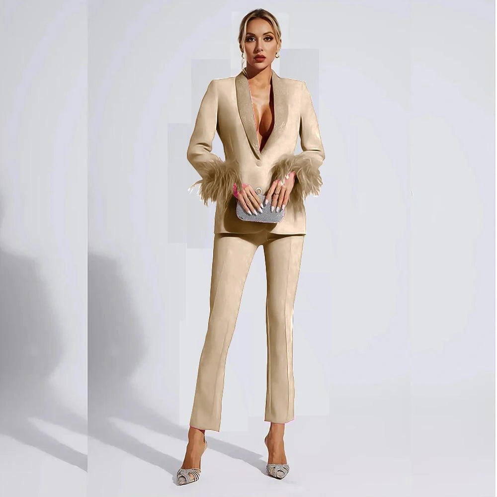 Elegant Rose Red Women two Pieces Suit Feather Crystal Shawl Lapel One Button Jacket Pant Set Wedding Office Female Clothing