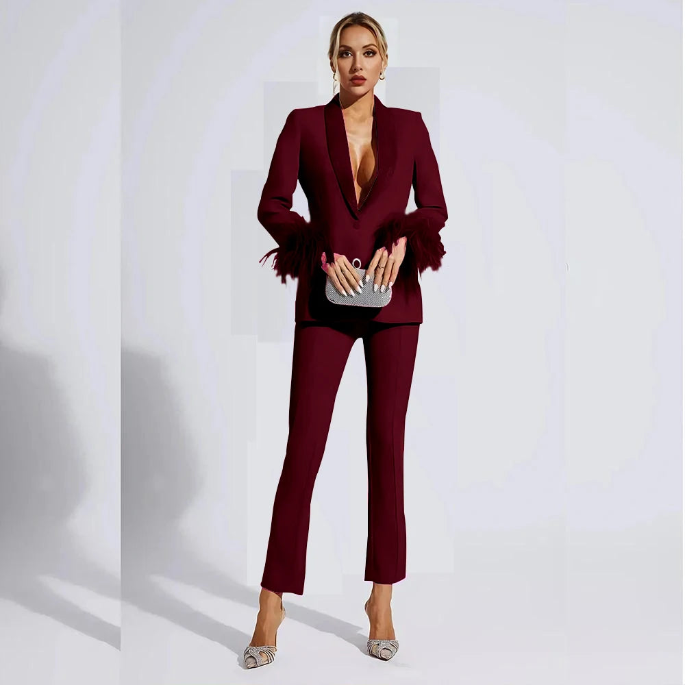 Elegant Rose Red Women two Pieces Suit Feather Crystal Shawl Lapel One Button Jacket Pant Set Wedding Office Female Clothing
