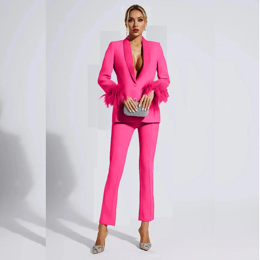 Elegant Rose Red Women two Pieces Suit Feather Crystal Shawl Lapel One Button Jacket Pant Set Wedding Office Female Clothing