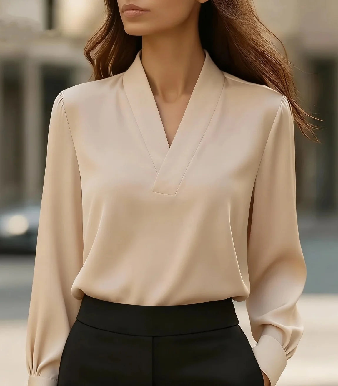 Elegant V-Neck Long Sleeve Blouse for Women Soft Satin Office Chic Top
