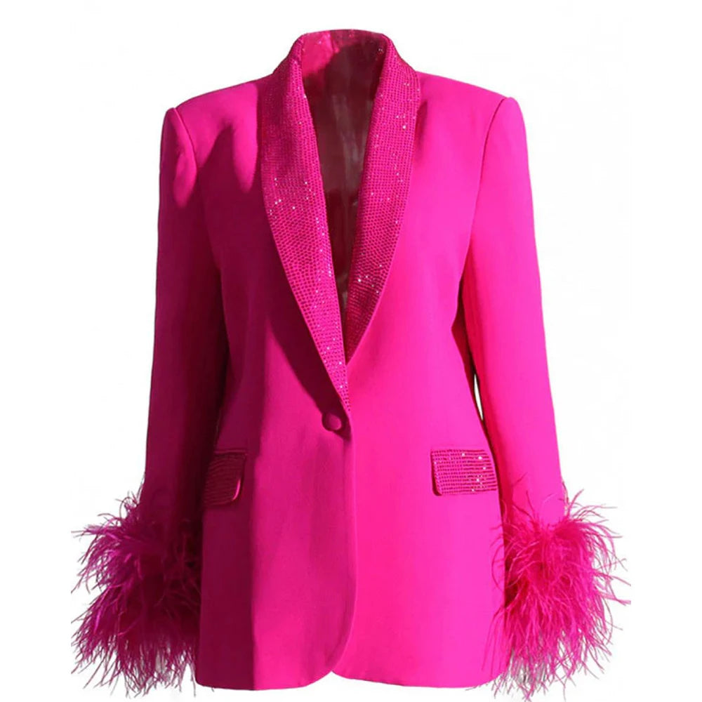 Elegant Rose Red Women two Pieces Suit Feather Crystal Shawl Lapel One Button Jacket Pant Set Wedding Office Female Clothing