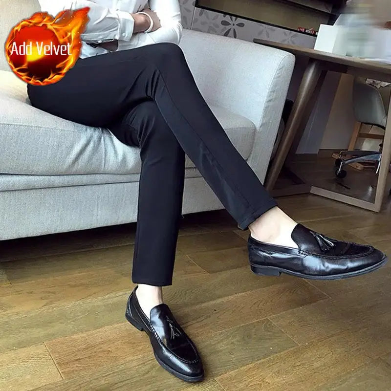 Fluid Tressed Man Suits Pants Black Office Slim Fit Trousers for Men Work Draped Clothes Offer Chinese Homme Spring Thin Casual