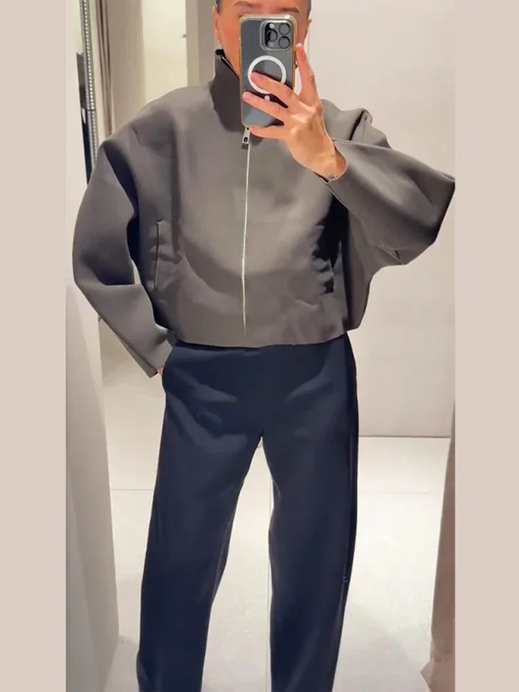 Casual Solid Stand Collar Short Jacket Women