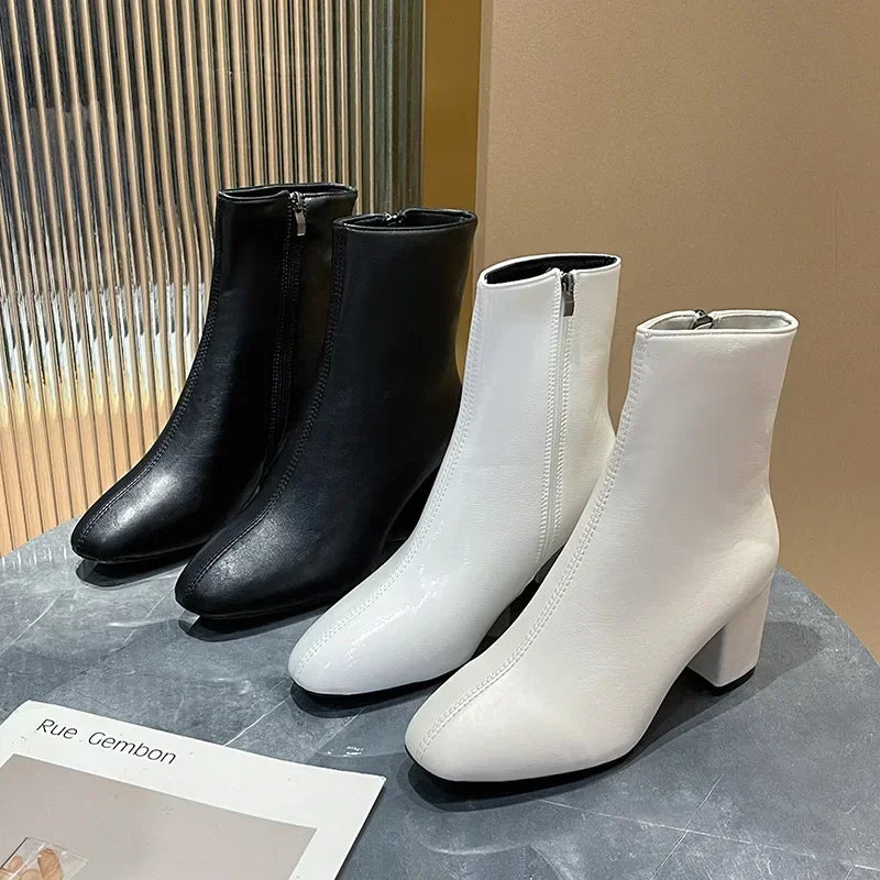 Leather Medium Heeled Short Boots for Women