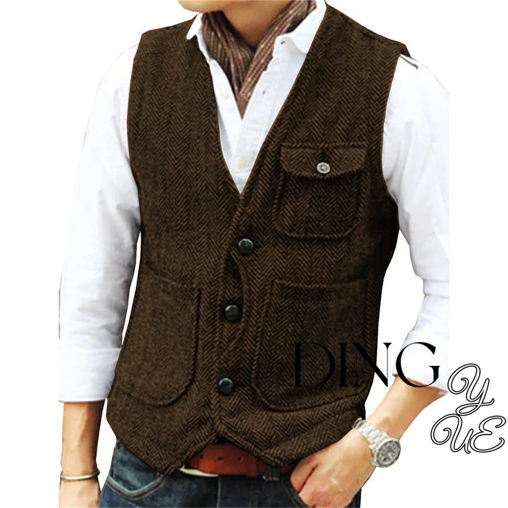 Herringbone Men's Suit Vest V Neck 3 buttons Woolen Mens Vests Waistcoat Jacket 3 Pockets Casual Formal Business chaleco hombre