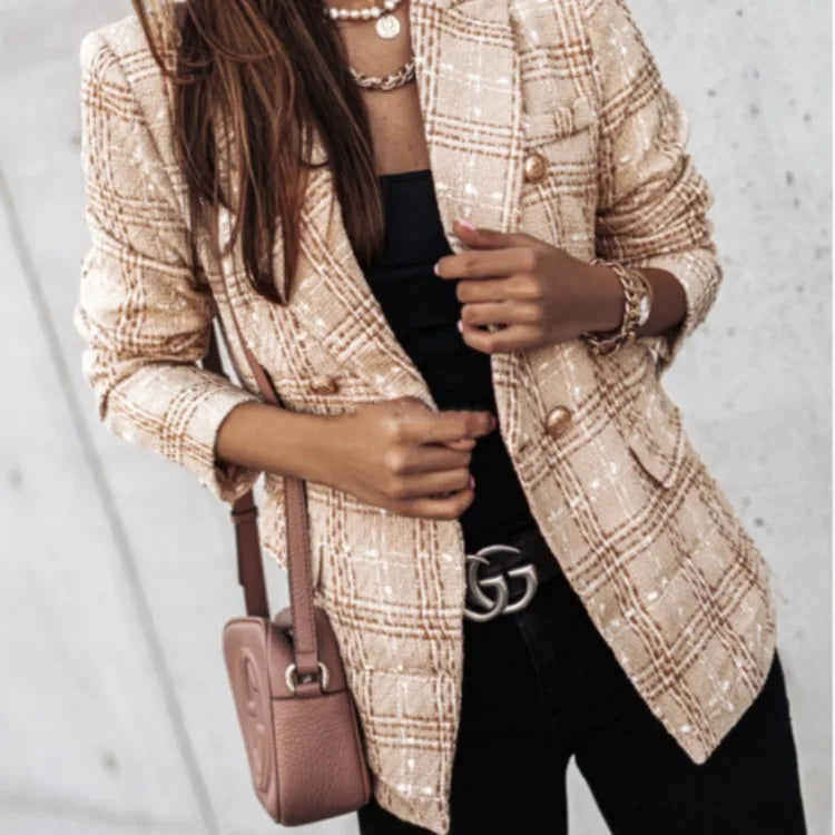 Conjuntos Femininos Elegantes Lapel Plaid Printed Autumn And Winter Buttons Loose Suit Office Commuting Style Blazers Top Damski