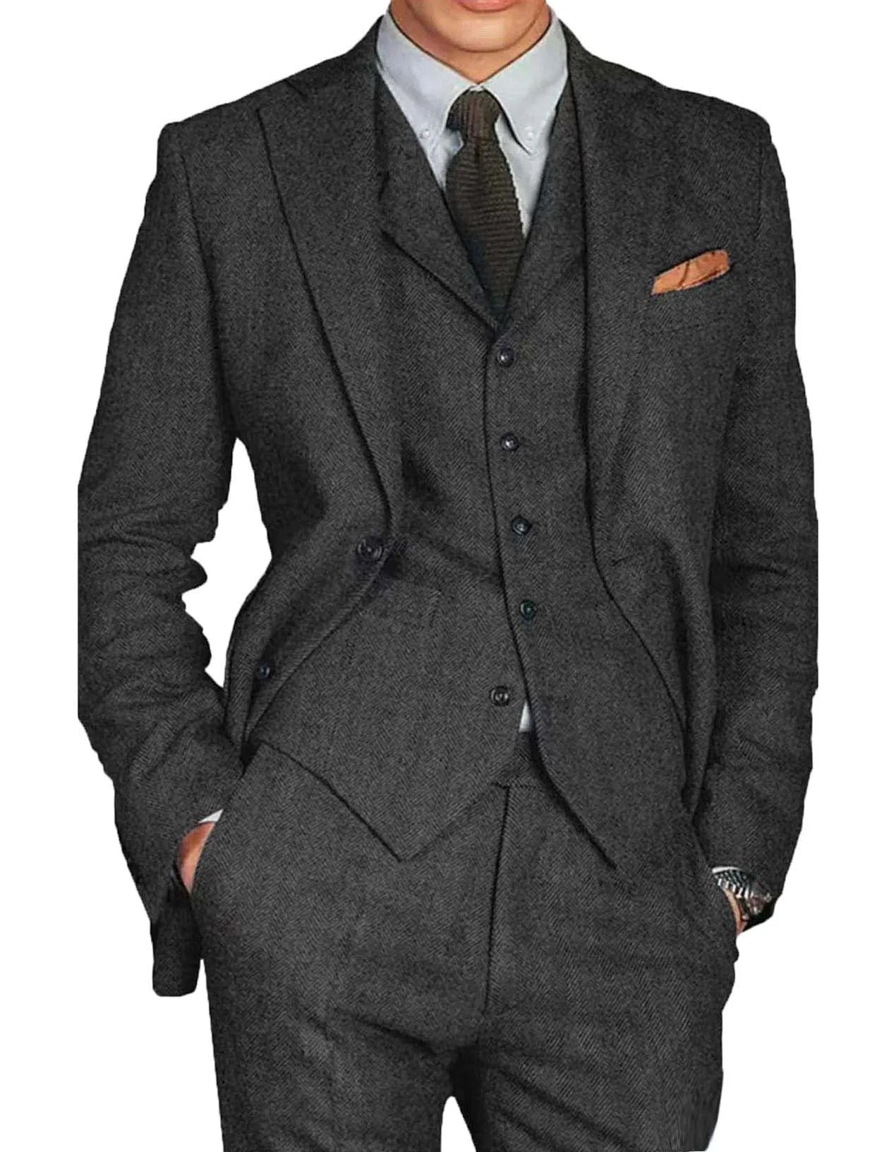 Retro Tweed Herringbone Suit Men's  Slim Fit Single-breasted 3 Pieces Mens Suit Groom Dress Tuxedos Prom Suit Jacket Vest Pants