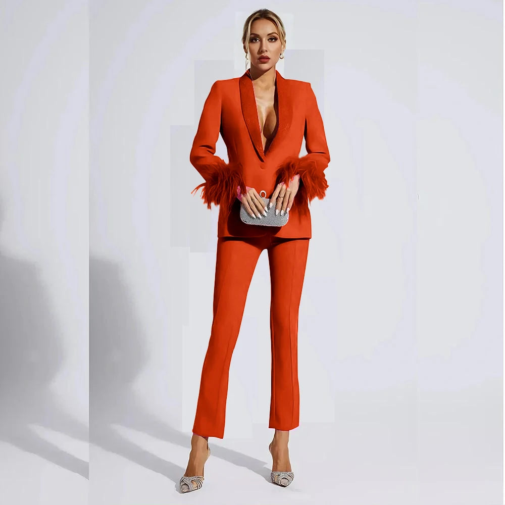 Elegant Rose Red Women two Pieces Suit Feather Crystal Shawl Lapel One Button Jacket Pant Set Wedding Office Female Clothing
