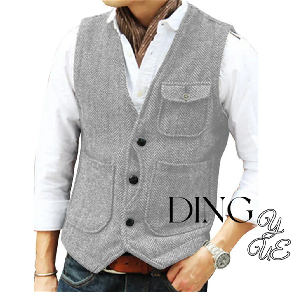 Herringbone Men's Suit Vest V Neck 3 buttons Woolen Mens Vests Waistcoat Jacket 3 Pockets Casual Formal Business chaleco hombre
