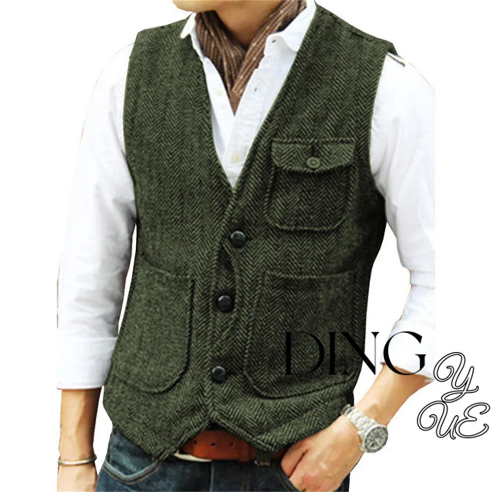 Herringbone Men's Suit Vest V Neck 3 buttons Woolen Mens Vests Waistcoat Jacket 3 Pockets Casual Formal Business chaleco hombre