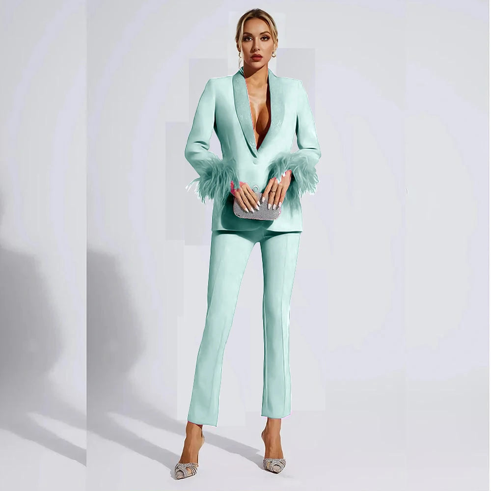 Elegant Rose Red Women two Pieces Suit Feather Crystal Shawl Lapel One Button Jacket Pant Set Wedding Office Female Clothing