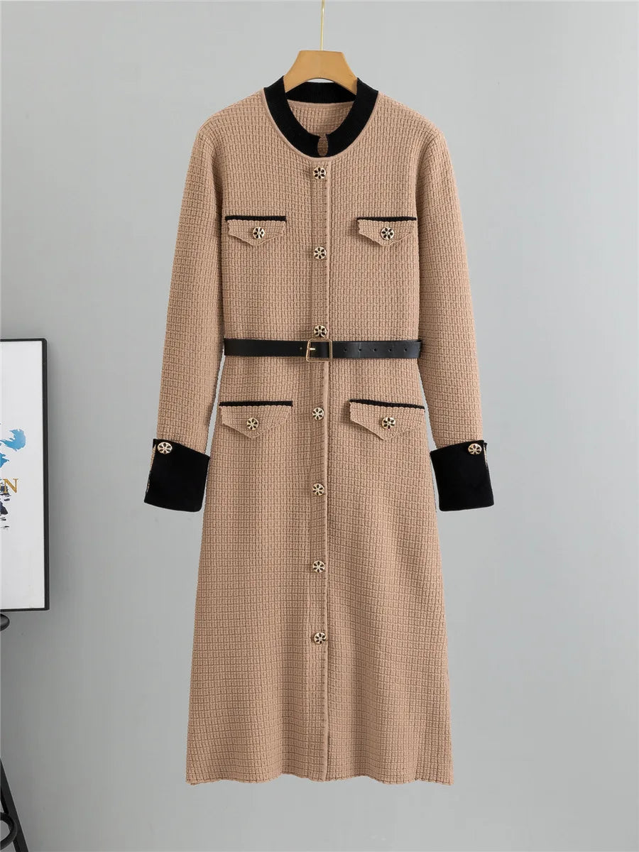 Elegant Fashion A-lined Knit Dress Women O-neck Knitwears Long Sleeve Vestidos Korean Design Slim Mid Length Dresses With Belt