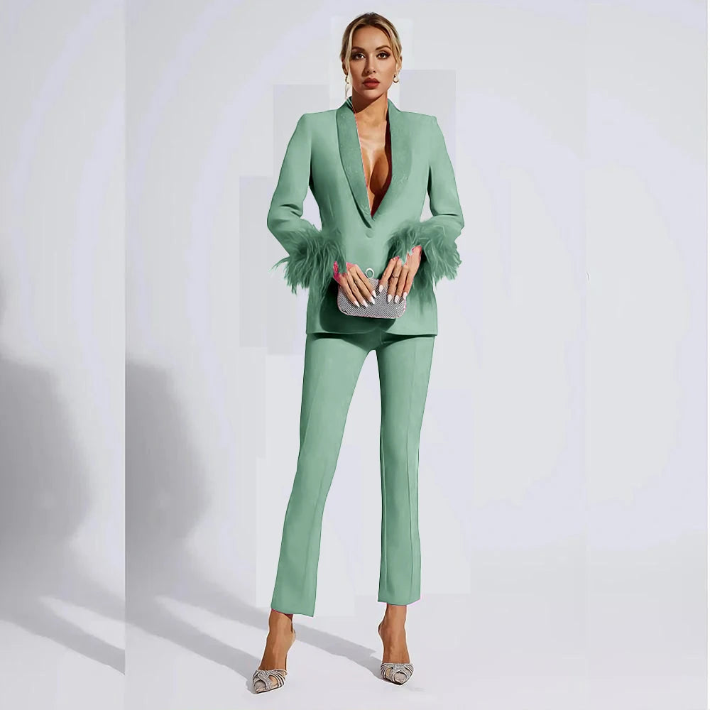 Elegant Rose Red Women two Pieces Suit Feather Crystal Shawl Lapel One Button Jacket Pant Set Wedding Office Female Clothing