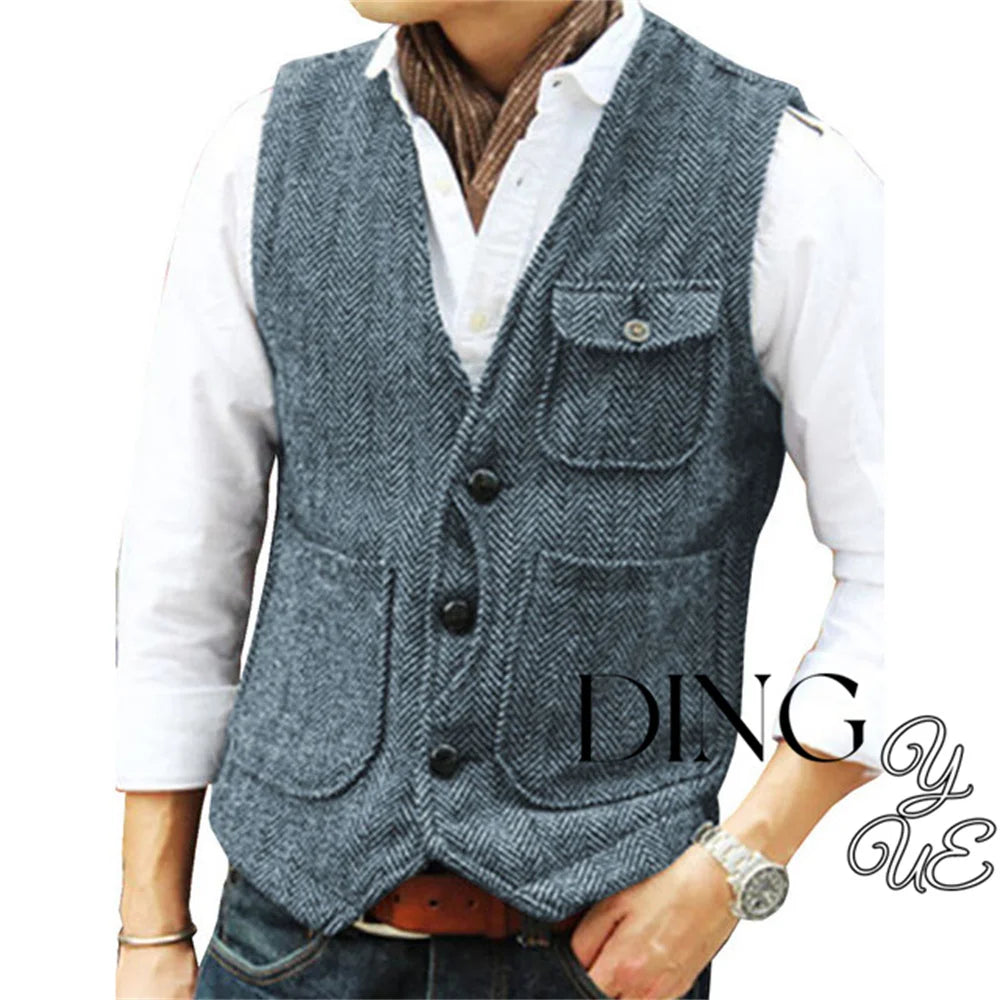 Herringbone Men's Suit Vest V Neck 3 buttons Woolen Mens Vests Waistcoat Jacket 3 Pockets Casual Formal Business chaleco hombre