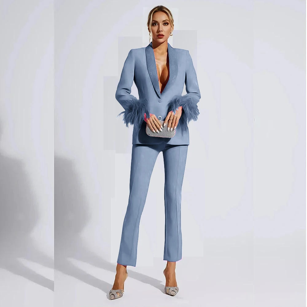 Elegant Rose Red Women two Pieces Suit Feather Crystal Shawl Lapel One Button Jacket Pant Set Wedding Office Female Clothing