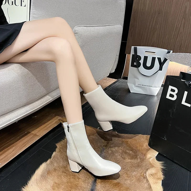 Leather Medium Heeled Short Boots for Women