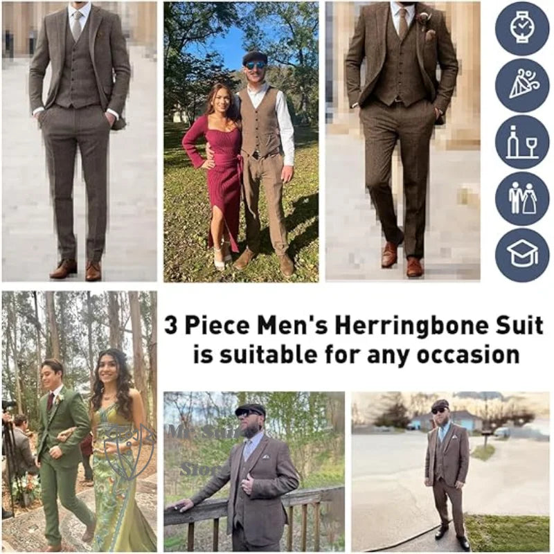 Retro Tweed Herringbone Suit Men's  Slim Fit Single-breasted 3 Pieces Mens Suit Groom Dress Tuxedos Prom Suit Jacket Vest Pants