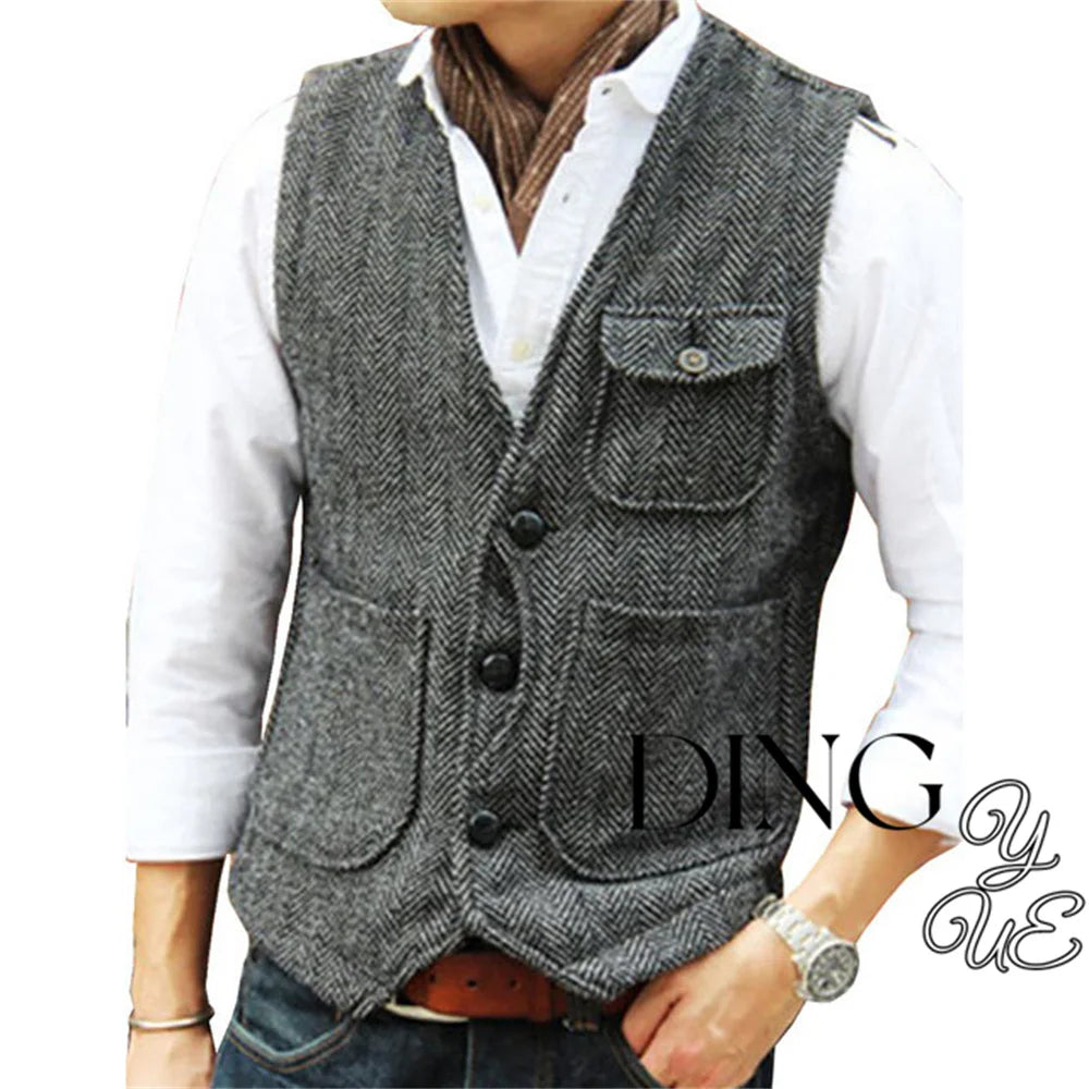 Herringbone Men's Suit Vest V Neck 3 buttons Woolen Mens Vests Waistcoat Jacket 3 Pockets Casual Formal Business chaleco hombre