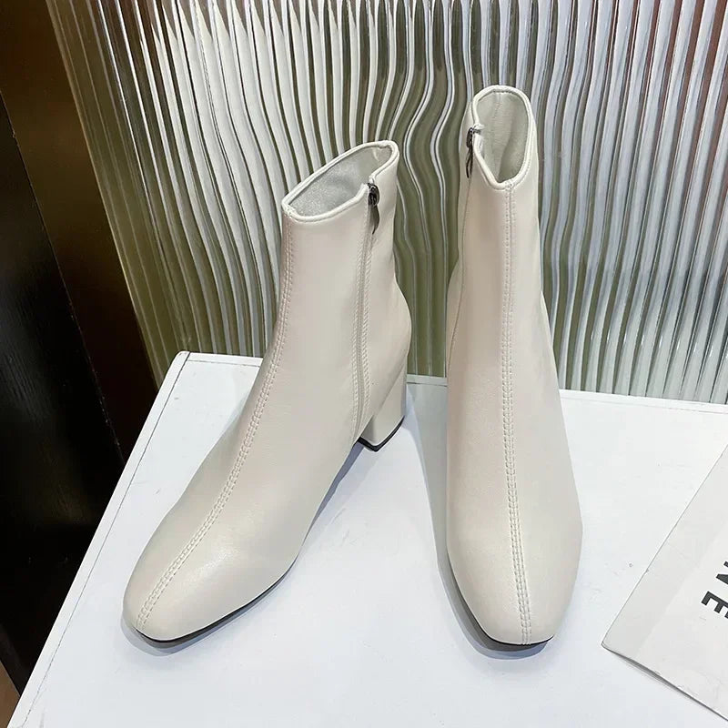 Leather Medium Heeled Short Boots for Women