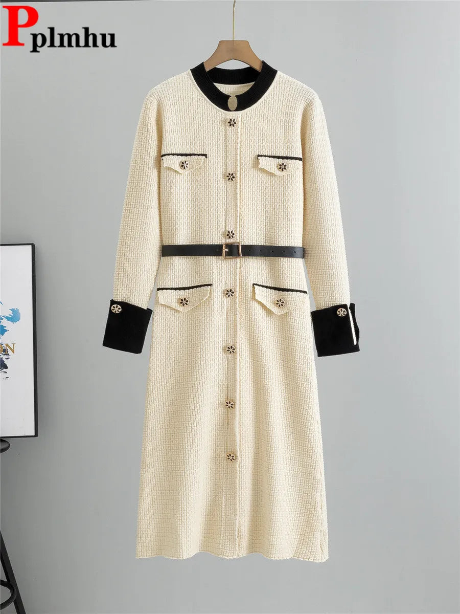 Elegant Fashion A-lined Knit Dress Women O-neck Knitwears Long Sleeve Vestidos Korean Design Slim Mid Length Dresses With Belt