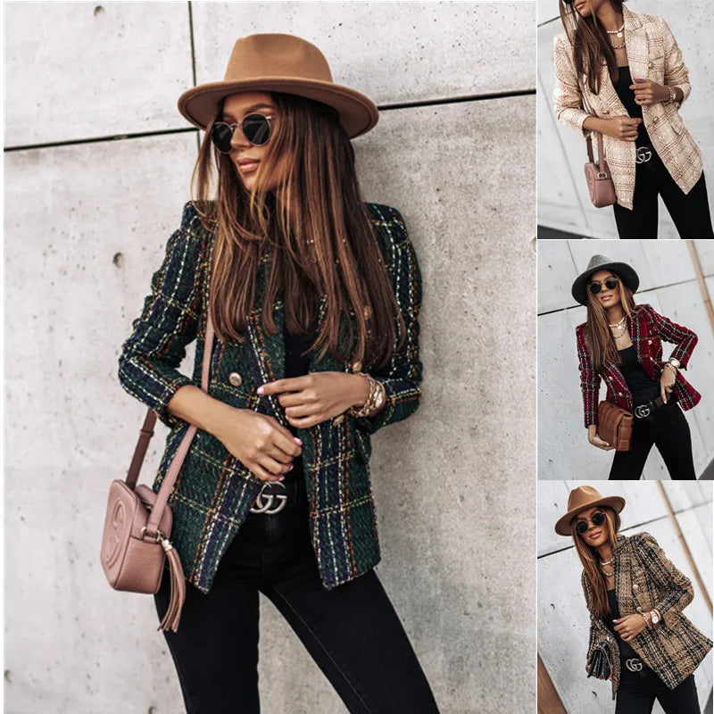 Conjuntos Femininos Elegantes Lapel Plaid Printed Autumn And Winter Buttons Loose Suit Office Commuting Style Blazers Top Damski