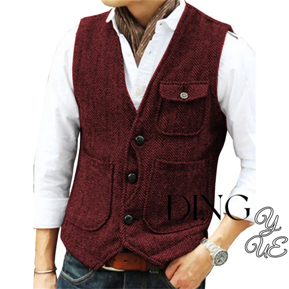 Herringbone Men's Suit Vest V Neck 3 buttons Woolen Mens Vests Waistcoat Jacket 3 Pockets Casual Formal Business chaleco hombre